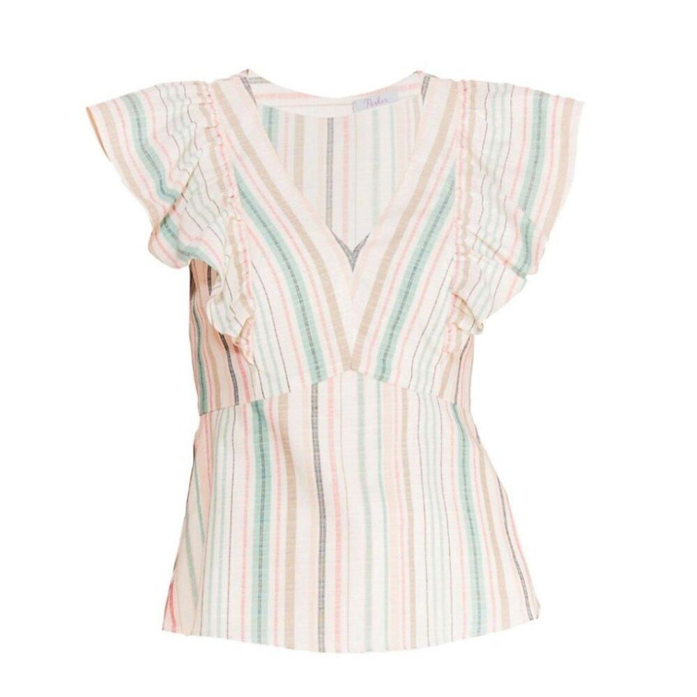 Parker Halsey Striped Ruffle Top White M